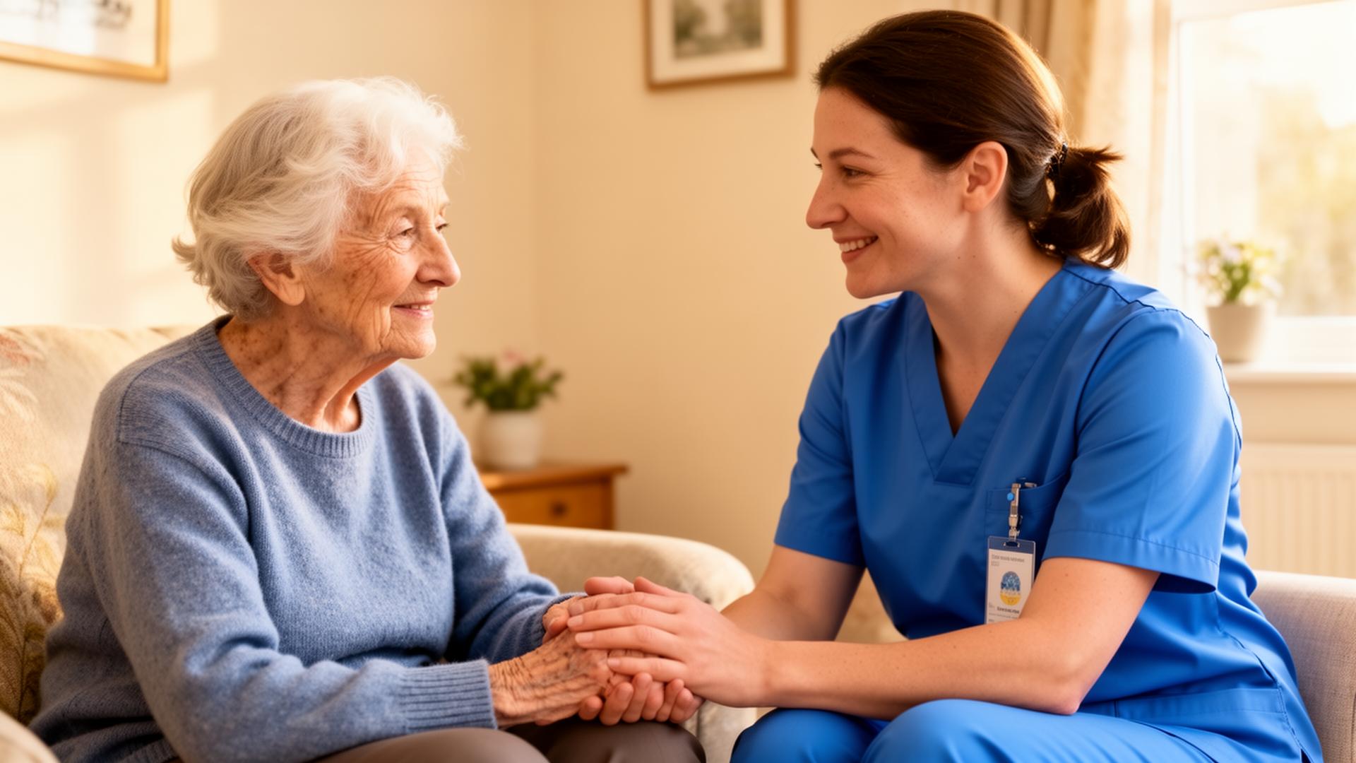 Carer in blue uniform supporting an elderly client